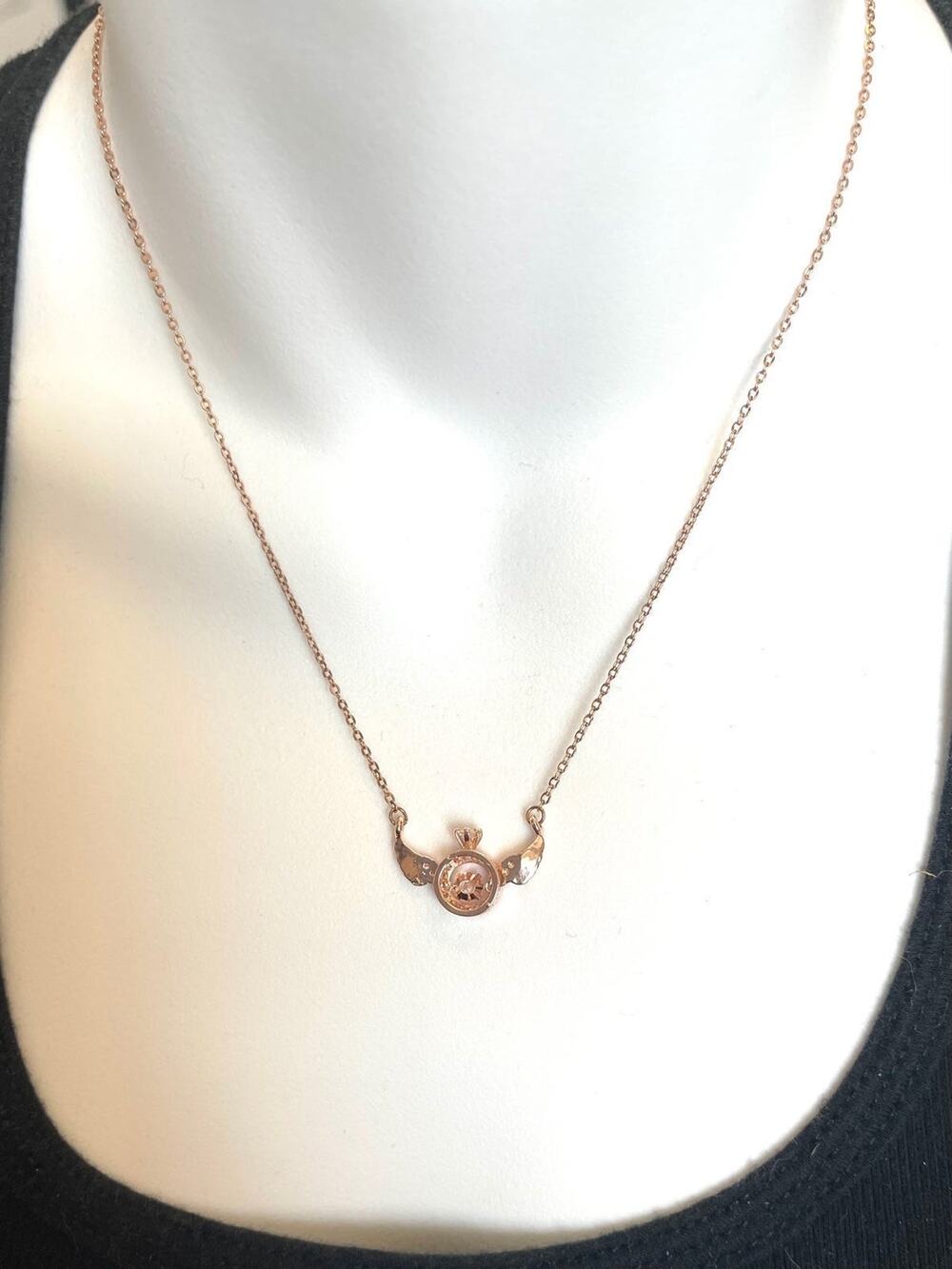 Rose Gold Over Stainless Angel Wing Trimbler Necklace, CZ’s Lobster Claw Clasp